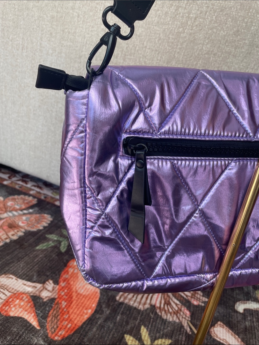Iridescent Purple Quilted Shoulder Bag with Black Strap IHKWIP - Picture 9 of 16